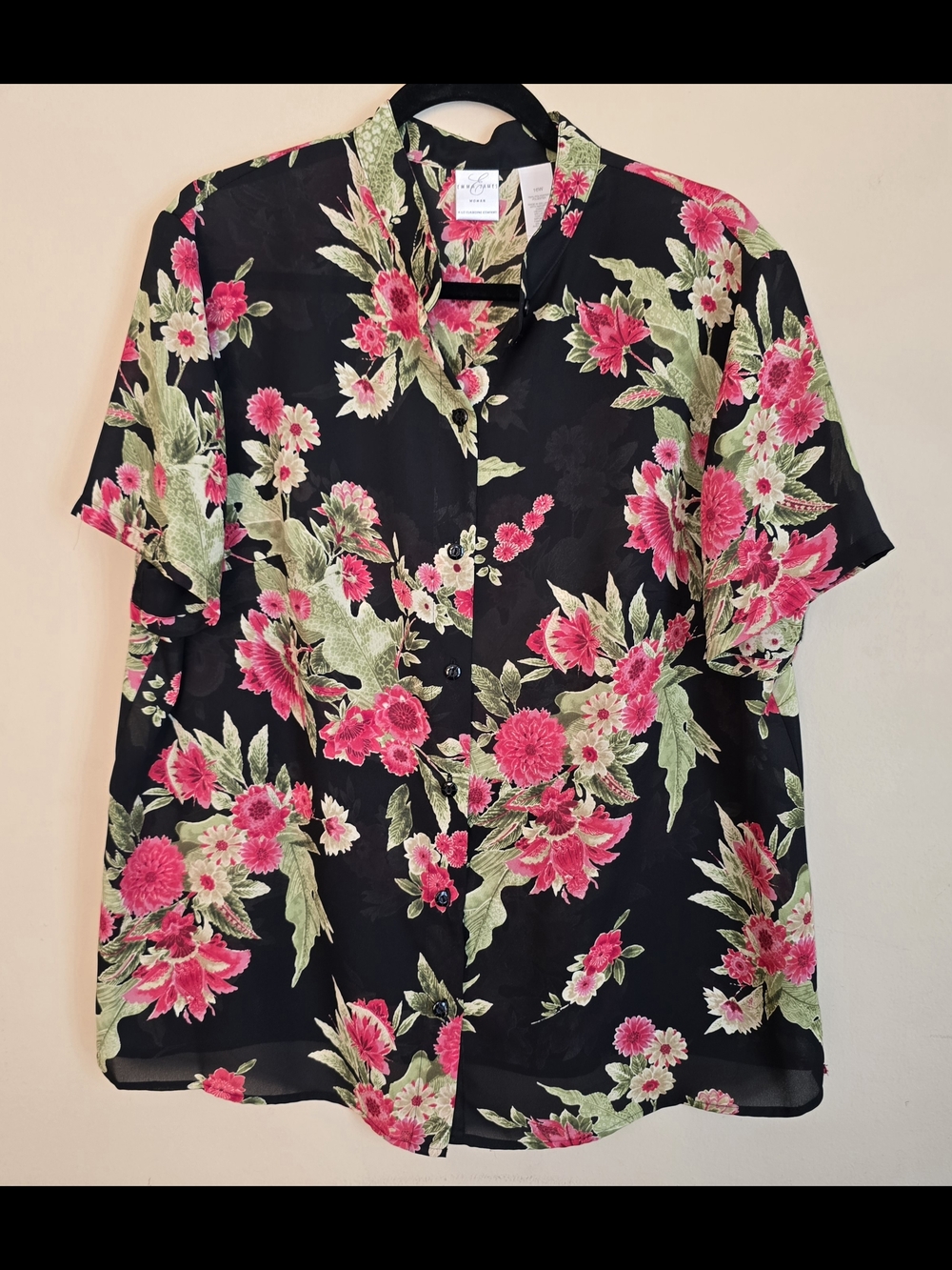 Emma James Vtg Plus Size Black Button-Down Shirt with Pink & Green Floral Print